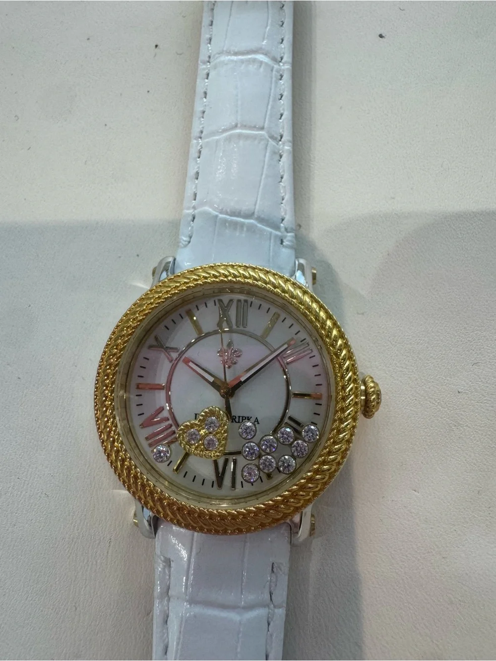 New Judith Ripka Odyssey White Embossed Leather Floating Heart Crystal Watch